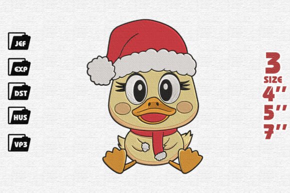Happy Christmas Duckling with Santa Hat Embroidery Design